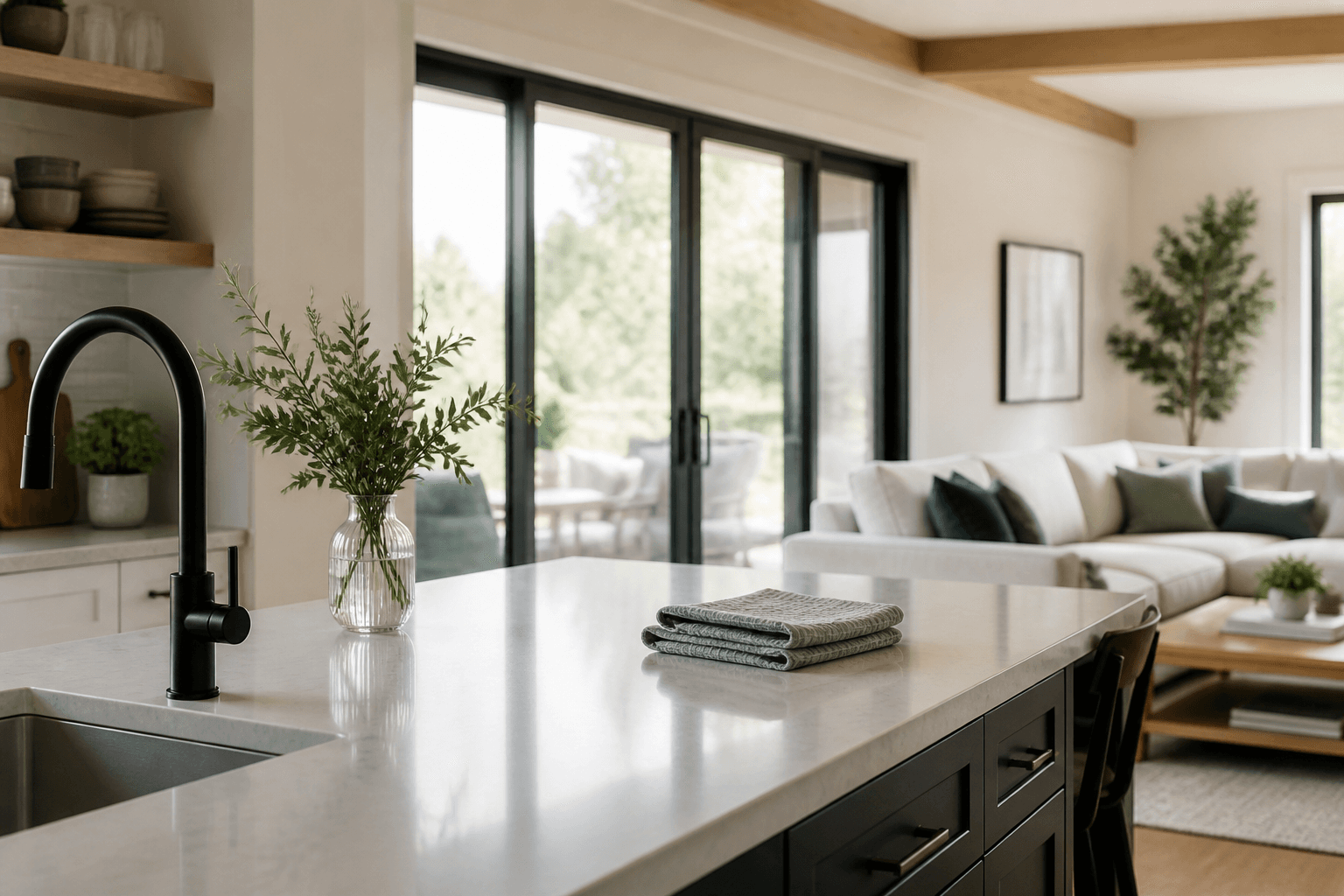 Clean sunlit kitchen and living room representing Wayford Works Cleaning residential service