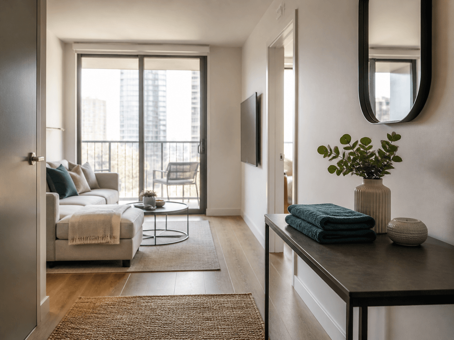 Clean apartment entry and living area representing apartment and condo cleaning