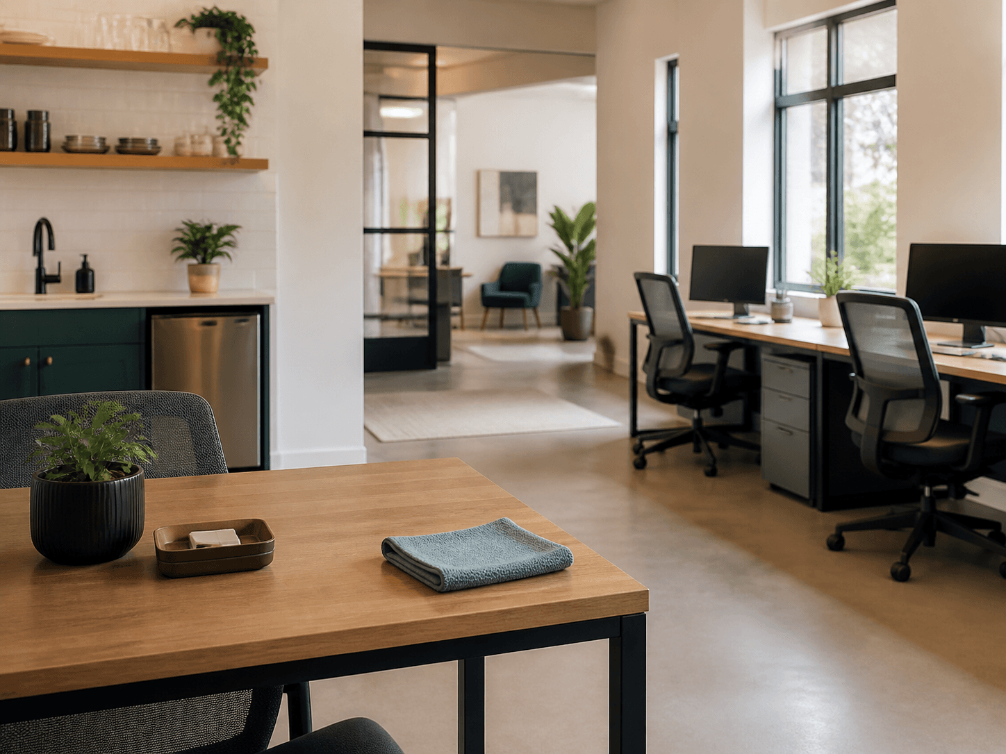 Clean small office workspace representing commercial cleaning
