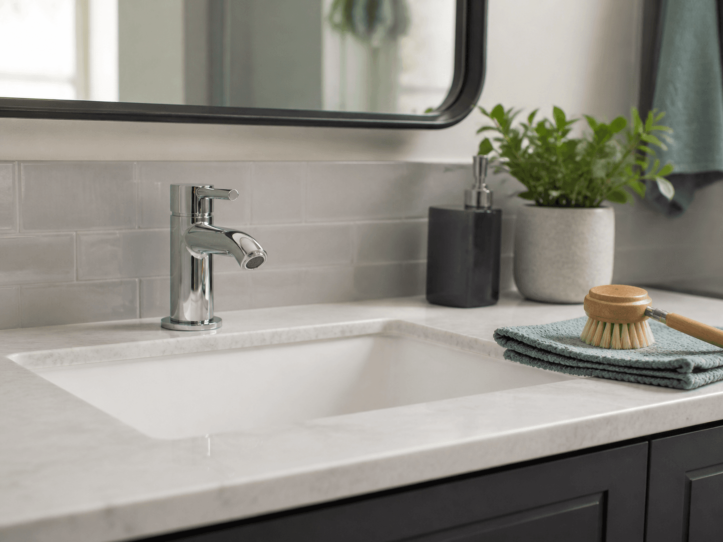 Clean bathroom vanity representing detailed deep cleaning